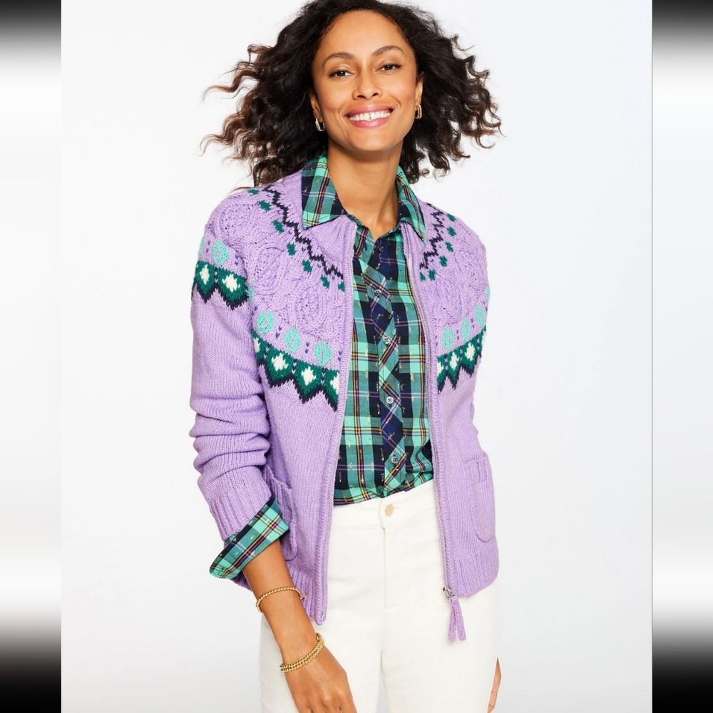 Talbots Womens Cable Knit Cardigan Sweater Fair Isle NWT Purple‎ Green Preppy MP